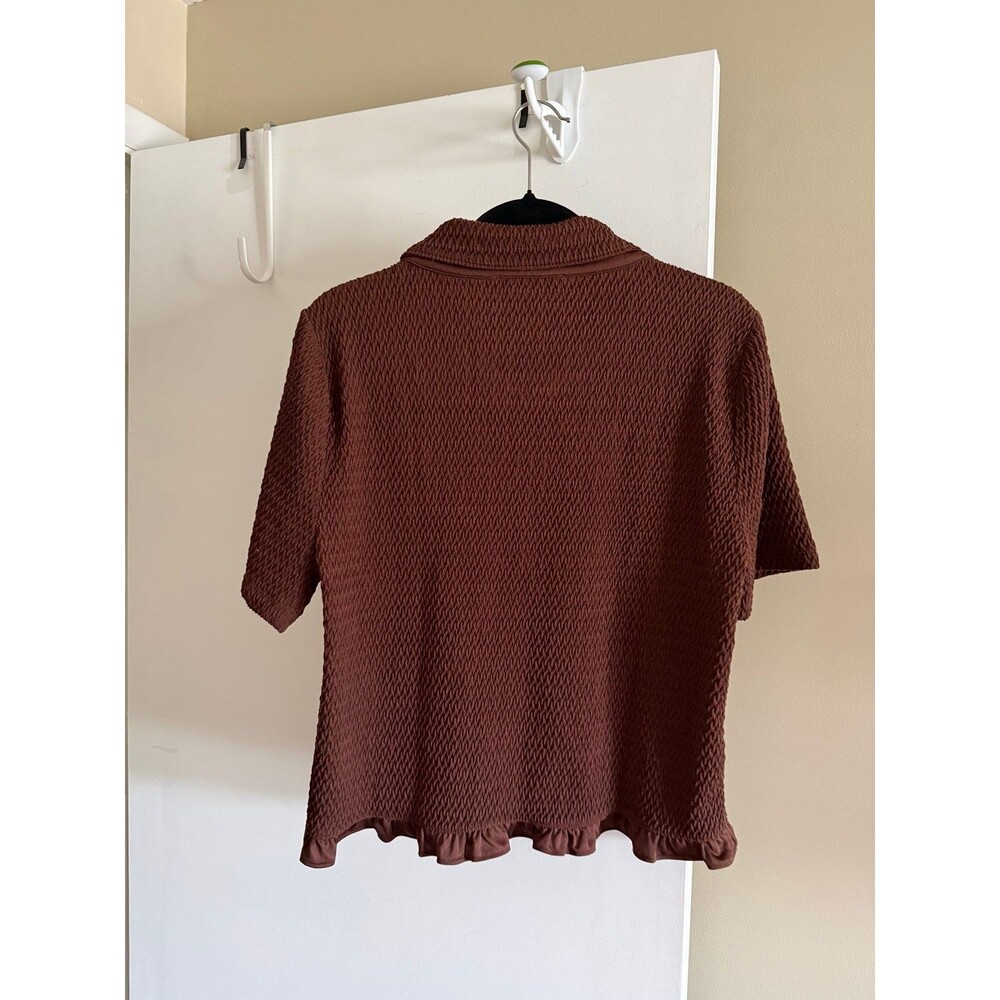 LOFT Brown Textured Button Front Blouse Top XL Ruffle Hem - Picture 6 of 7